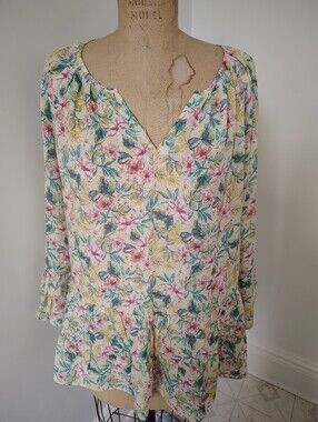 Counterparts Floral V-Neck Peasant Top in Cream, Pink & Green